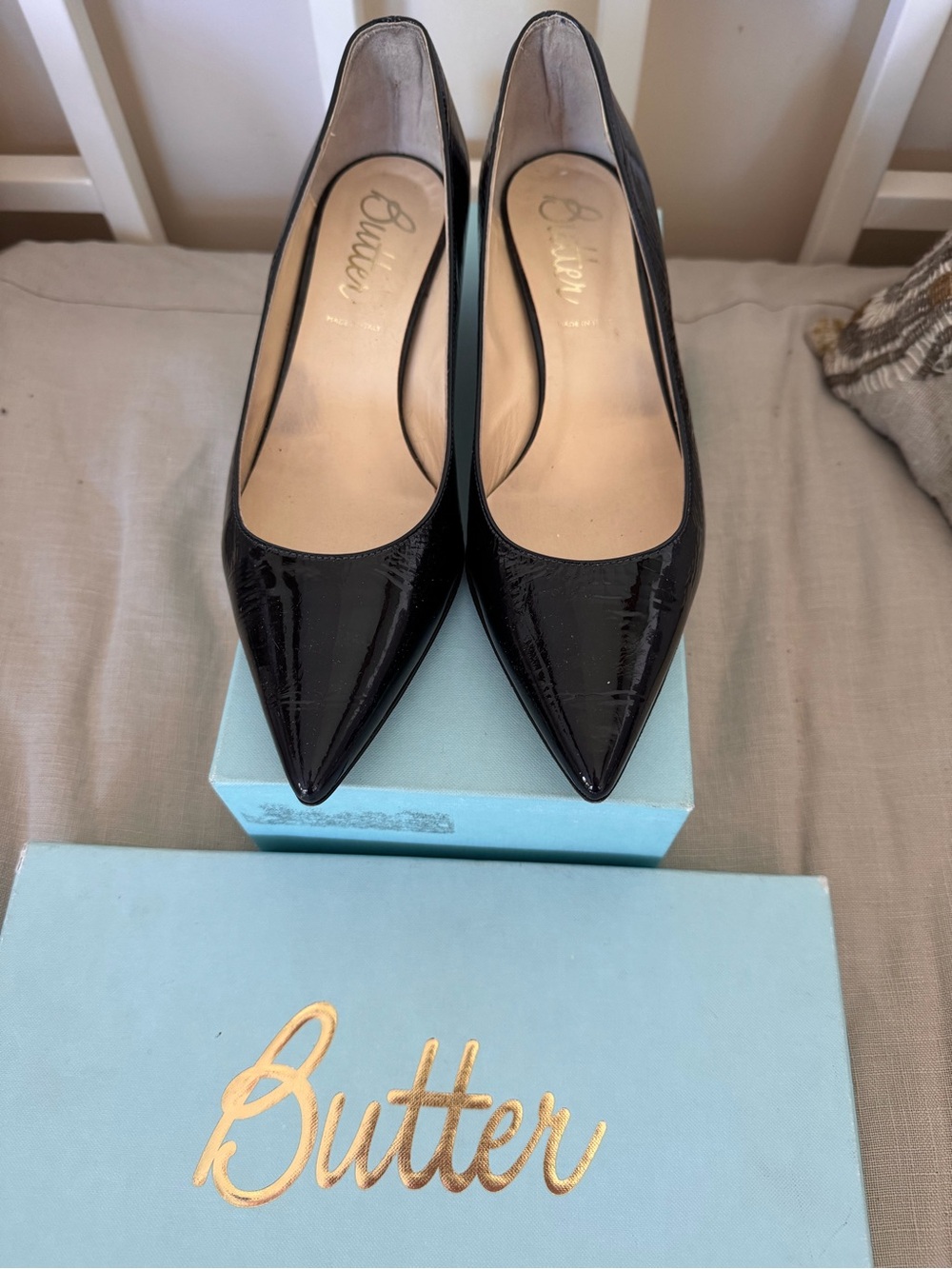 Butter Dark Navy Patent Pointed Toe Low Heel Pumps